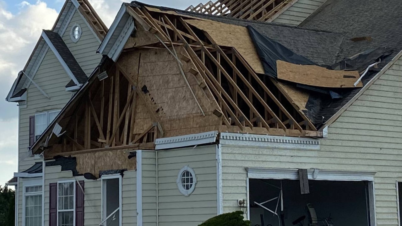 Wind damage on a roof.
