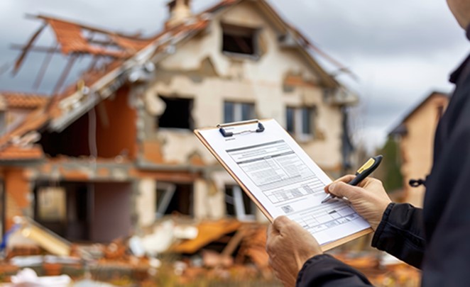 Person holding a clipboard and pencil while looking at storm damages.